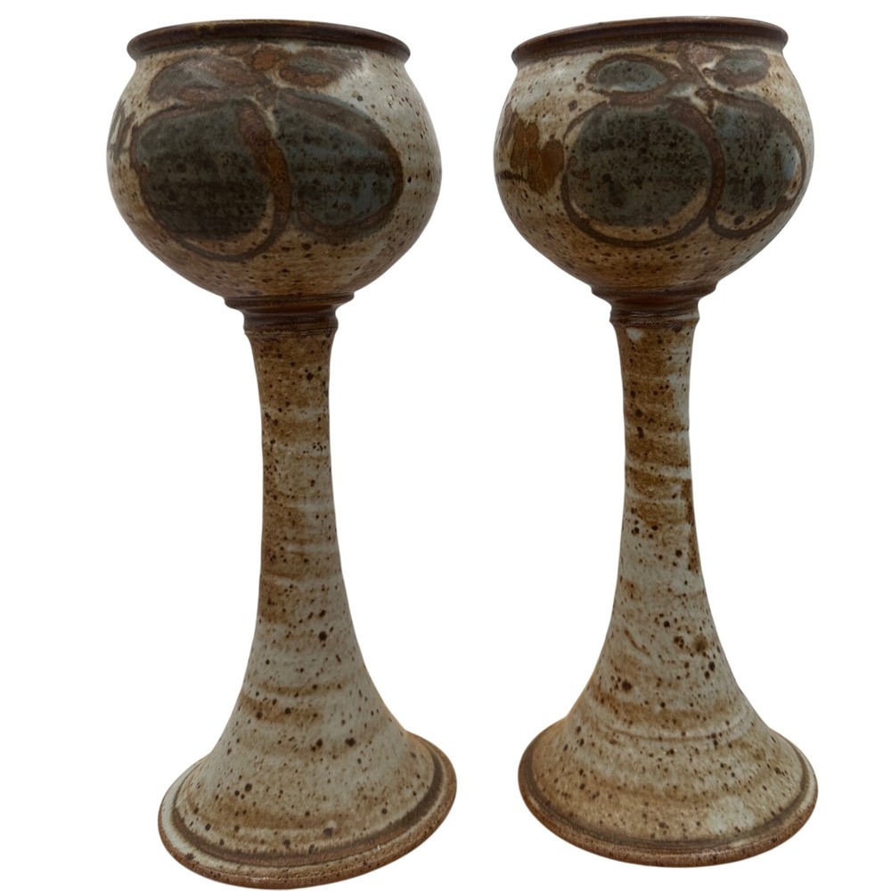 Vintage Studio Pottery Stoneware Wine Goblets Pair Speckled Earthy Chalice Set